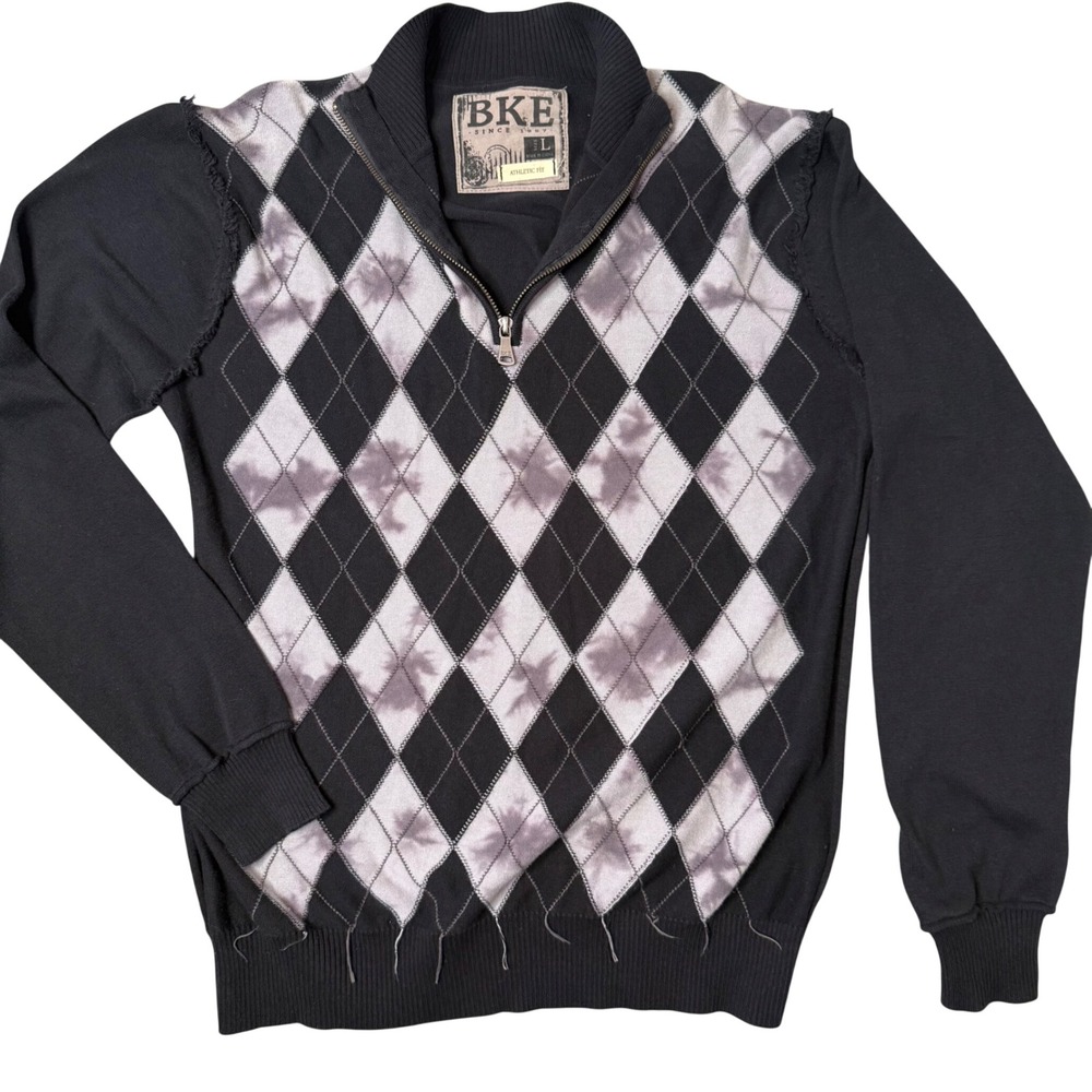 BKE Mens Argyle Quarter Zip Sweater Black Gray Distressed‎ Athletic Fit Size L